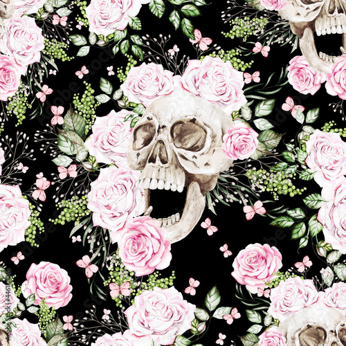 Beautiful watercolor seamless pattern with skull and flowers of peony and roses.