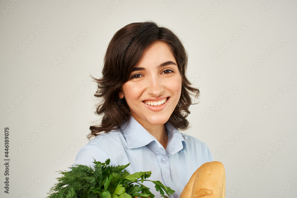 cute brunette paper bag with groceries vegetables healthy food cute brunette paper bag with groceries vegetables healthy food