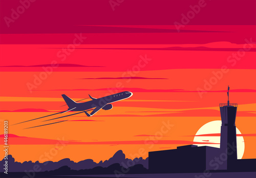 Vector illustration of a plane taking off from an airport on the background of a sunset