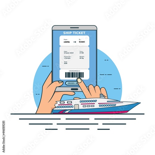 Illustration for buy online ship ticket with smartphone concept. Design vector with flat style