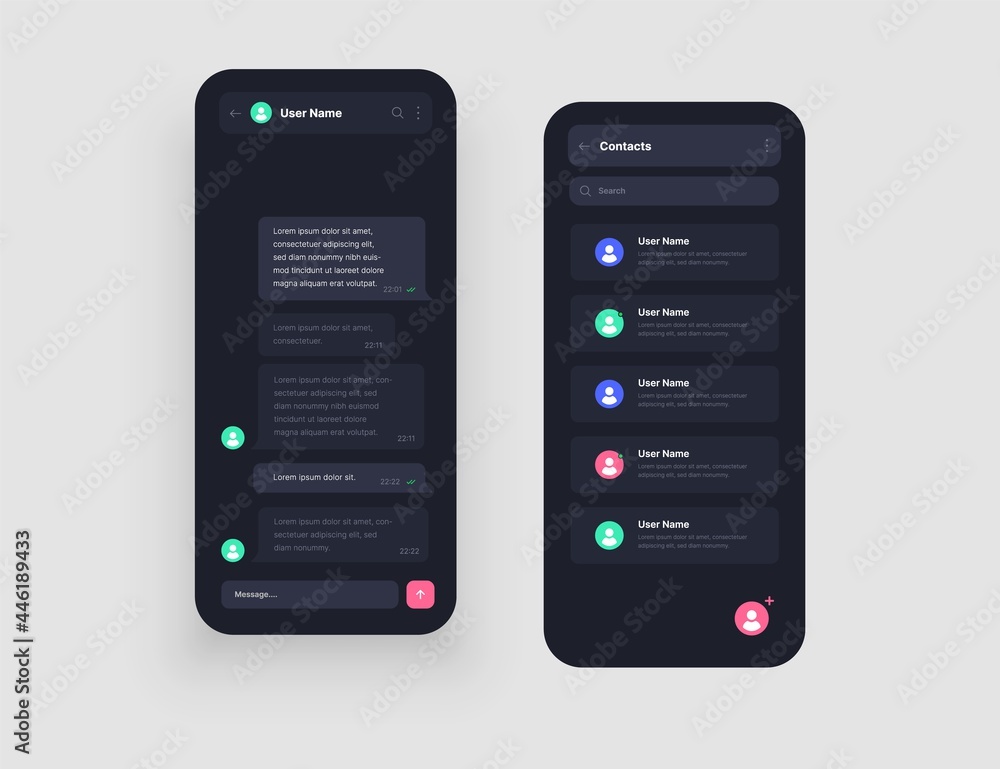 Mobile app interface design with chat, social media, online messenger kit. Use design for web application or mobile app. Mobile app interface design with chat, social media, online messenger kit. Use design for web application or mobile app.