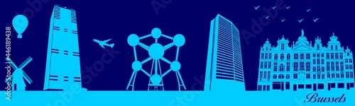 Vector city skyline silhouette - illustration, 
Town in blue background, 
Brussels Belgium