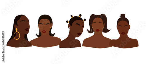 Set of portraits of faceless women. Collection of abstract black girls with different hairstyles. Trendy minimal vector illustration isolated on white background