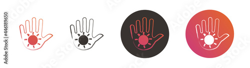 Set of reiki signs. Contour of the palm with a spiral inside. Hand with a sun inside as a symbol of healing. Vector illustration