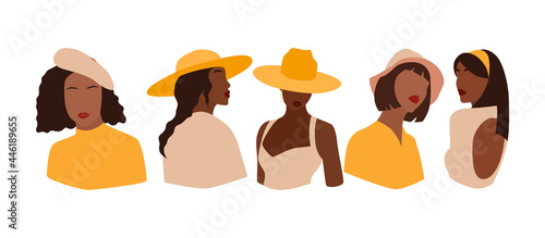 Set of portraits of faceless women in different hat. Collection of abstract girls. Trendy minimal vector illustration isolated on white background