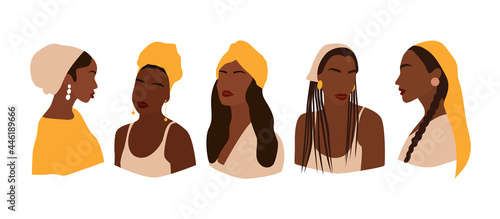 Set of portraits of faceless women in different hat. Collection of abstract girls. Trendy minimal vector illustration isolated on white background