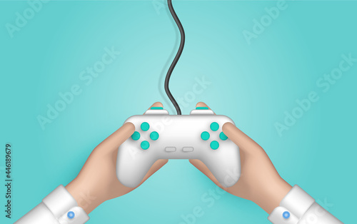 Game joystick. Hands holding gaming device. Top image of a game console in hand. Digital virtual web games concept. 3D vector illustration.