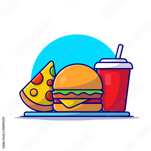 Burger, Pizza And Soda Cartoon Vector Icon Illustration. Food And Drink Icon Concept Isolated Premium Vector. Flat Cartoon Style