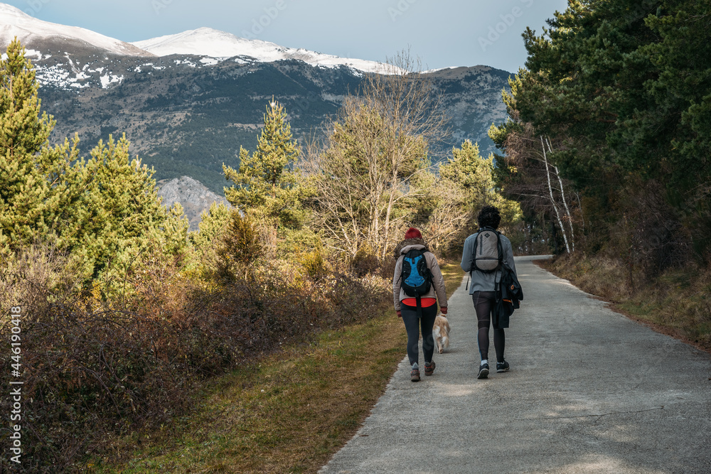 Young couple with backpacks and a dog on the road with snowy mountains at the background. Man and woman during the hiking on sunny day.