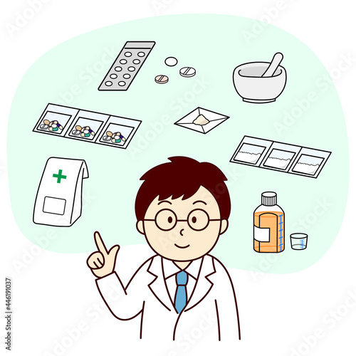 薬の説明をする男性薬剤師