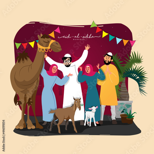 Eid-Al-Adha Mubarak Concept With Cheerful Muslim People Character, Goat And Camel Animal On Maroon And Beige Background. © Abdul Qaiyoom