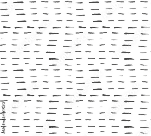 Abstract minimalist seamless pattern with hand drawn grunge black ink textured horizontal short thin dashed lines. Vector minimal monochrome black and white background with noise string