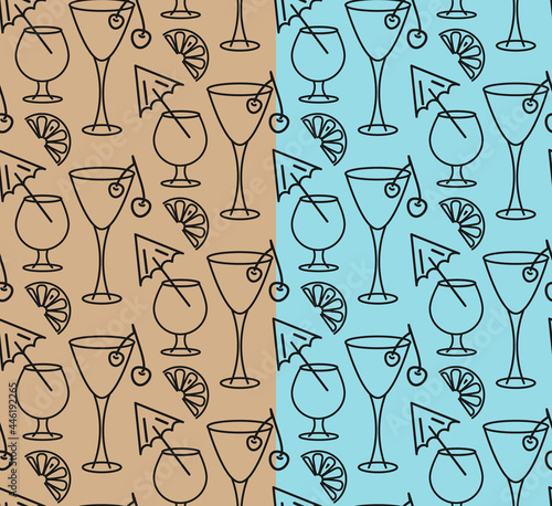 Cocktail glasses seamless pattern. Outline gray contour of martini, wine glass, cherry fruit, lemon slice. Blue, craft brown easy editable colors background. Vector