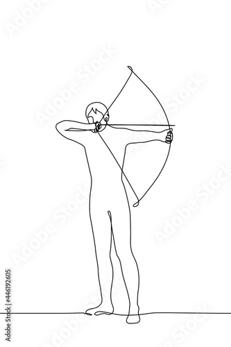 man stands with a drawn bowstring and aims an arrow at an invisible target - one line drawing. concept archer aiming at a target (out of frame)