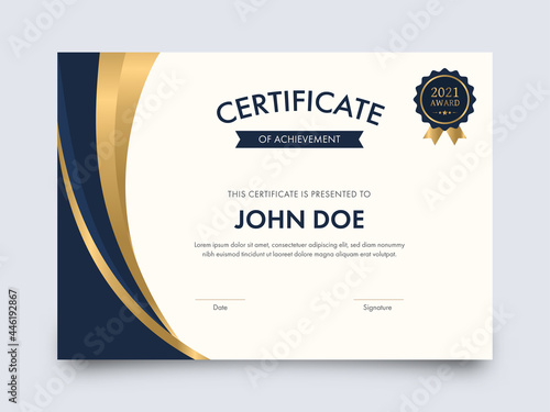 Modern Certificate Of Achievement Template Design With Badge Illustration.