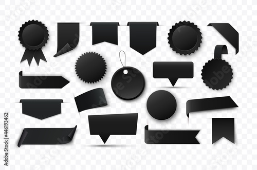 Blank black banners and labels. Vector tags and ribbons.