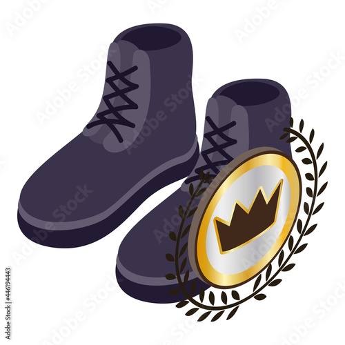 Short boots icon isometric vector. Dark blue men suede short boots with lacing. Royal quality sign, crown icon