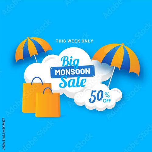Monsoon Big Sale Poster Design With 50% Discount Offer, Shopping Bags And Umbrella On Blue Background.