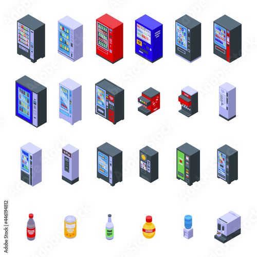 Drink machine icons set isometric vector. Plastic water. Water cooler