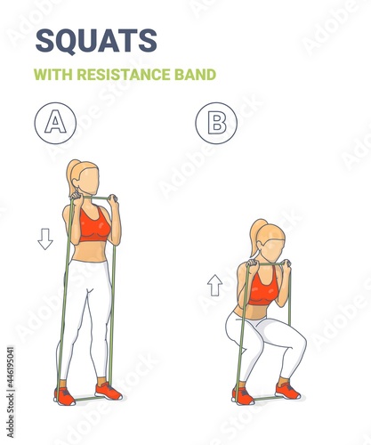 Girl Doing Squats Home Workout Exercise with Rubber Resistance Band Equipment Guidance.