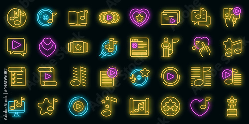 Playlist icons set. Outline set of playlist vector icons neon color on black