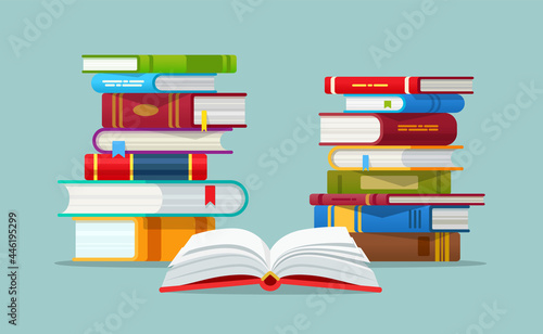 Pile of cartoon books isolated vector illustration. Open book template. Academic and school knowledge, education concept. Reading, encyclopedia. Template for books Shop advertising