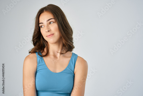 joyful woman in blue t-shirt fashion hairstyle close-up fun © SHOTPRIME STUDIO