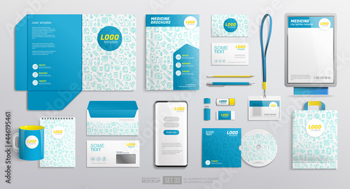 Medical clinic branding stationery design white and blue color on mockup template. Pharmacy corporate identity template with medical elements pattern. Business stationery branding for medical center 
