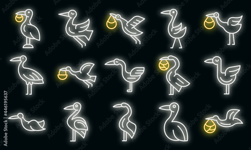 Fototapeta premium Stork icons set. Outline set of stork vector icons neon color on black