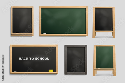 Green and black school chalk board with Back to School inscription isolated vector. Mock-Up set Blackboard vector template. All elements in group and separate layers for easy to edit  photo