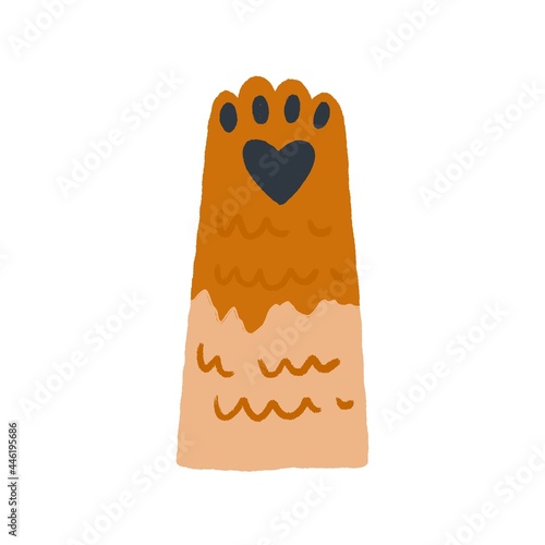 Cute feline paw with soft heart-shaped pad. Ginger cat's hand raised up, gesturing hi. Adorable delicate furry foot of kitty. Colored flat doodle vector illustration isolated on white background