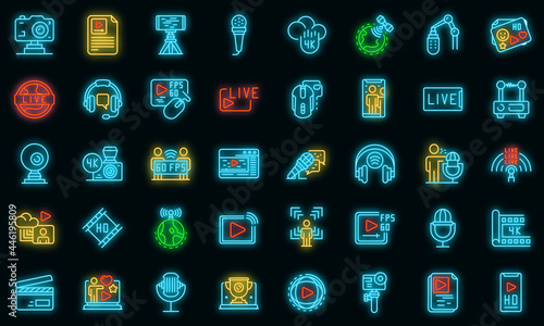 Stream icons set. Outline set of stream vector icons neon color on black