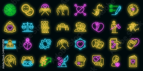 Trust icons set. Outline set of trust vector icons neon color on black