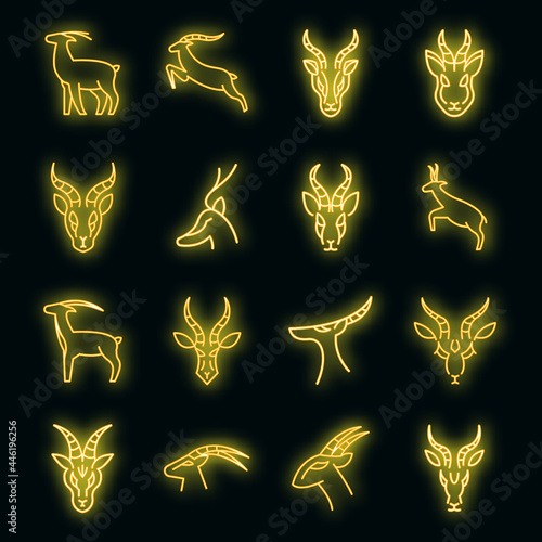 Gazelle icons set. Outline set of gazelle vector icons neon color on black