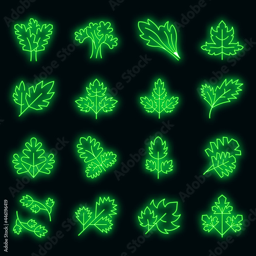 Parsley icons set. Outline set of parsley vector icons neon color on black