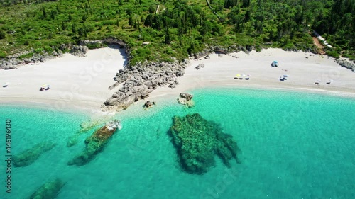 Turquoise sea water on sandy beaches in Albania, near Dhermi. Ideal sea bays for swimming, relaxation and vacations. Aerial view of Albaian nature photo