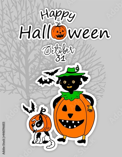 Happy Halloween. A greeting card. Cute Cartoon characters. Funny little children in colorful costumes. Flat Illustration