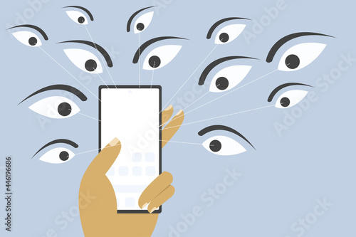 Mobile phone in a hand is spied by eyes surrounded by it
