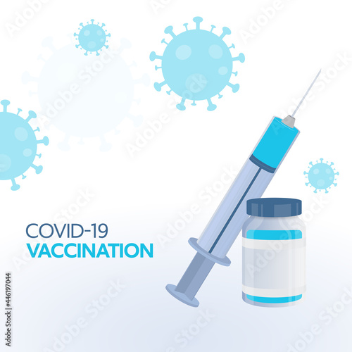 Covid-19 Vaccination Concept With Vaccine Bottle Near Syringe On White Coronavirus Affected Background.