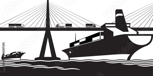 Cargo ship passing under suspension bridge – vector illustration