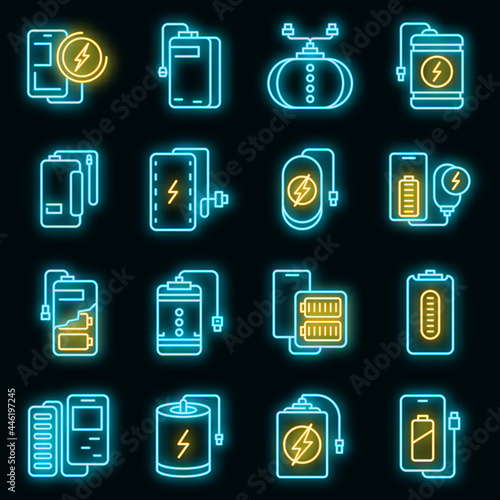 Power bank icons set. Outline set of power bank vector icons neon color on black