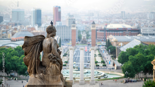 The Palau Nacional statue with pigeon in Barcelona
