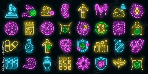 Probiotics icons set. Outline set of probiotics vector icons neon color on black photo