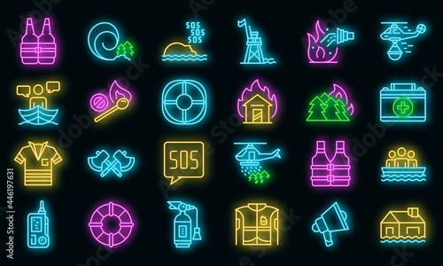 Rescuer icons set. Outline set of rescuer vector icons neon color on black