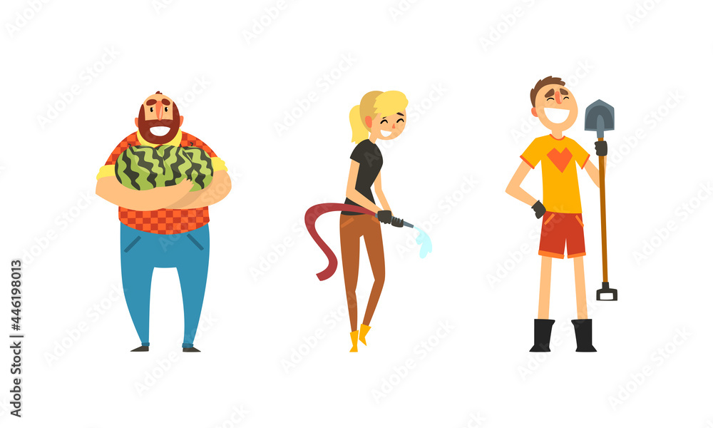 Cheerful Farmers at Work Set, Farm Workers Harvesting, Watering Plants, Farming and Agriculture Cartoon Vector Illustration Cheerful Farmers at Work Set, Farm Workers Harvesting, Watering Plants, Farming and Agriculture Cartoon Vector Illustration