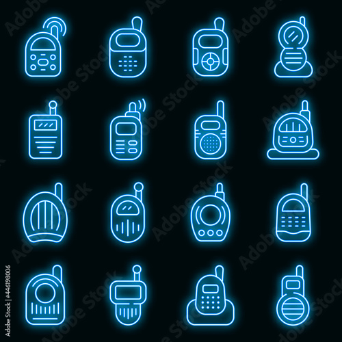 Baby monitor icons set. Outline set of baby monitor vector icons neon color on black