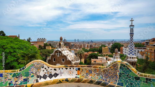 Panoramic view of Barcelona, multiple building's roofs, view from the Parc Guell