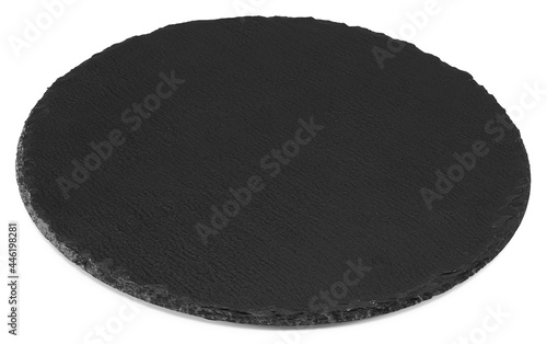 Black round stone plate isolated on white background. Clipping path and full depth of field