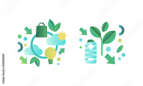 Eco Friendly Technologies Icons Set, Battery, Light Bulb, Green Energy and Environment Protection Concept Flat Vector Illustration