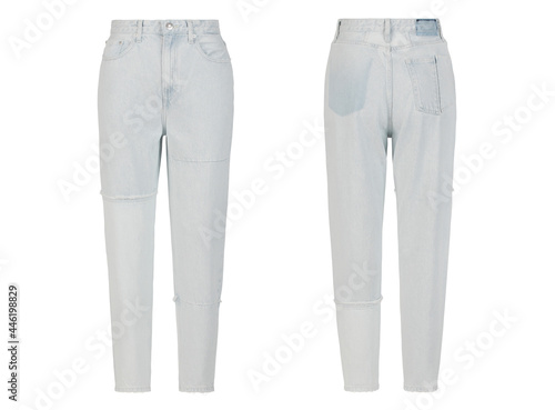 Light blue women's jeans. Casual modern style. Front and back view